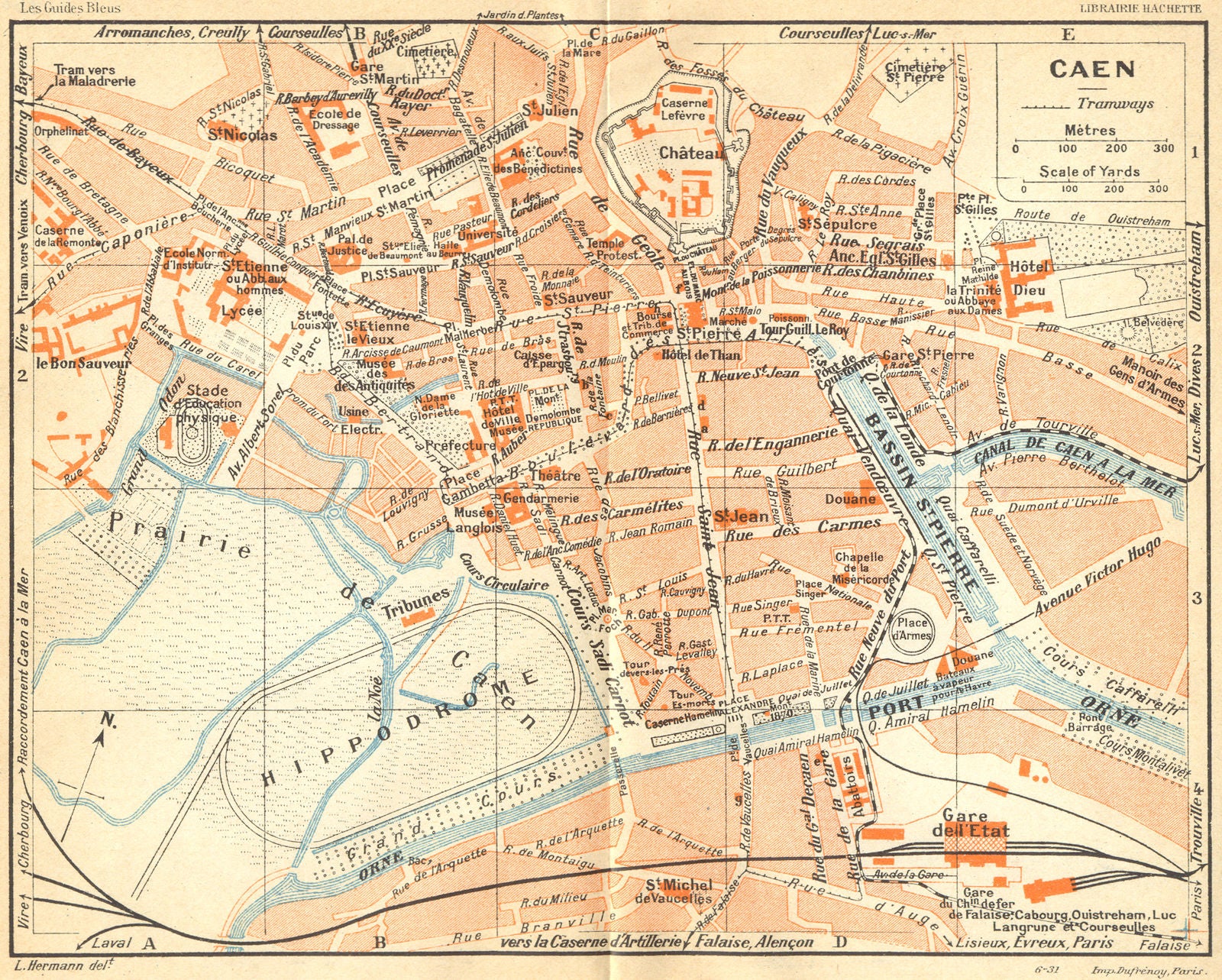 FRANCE. Caen 1932 old vintage map plan chart